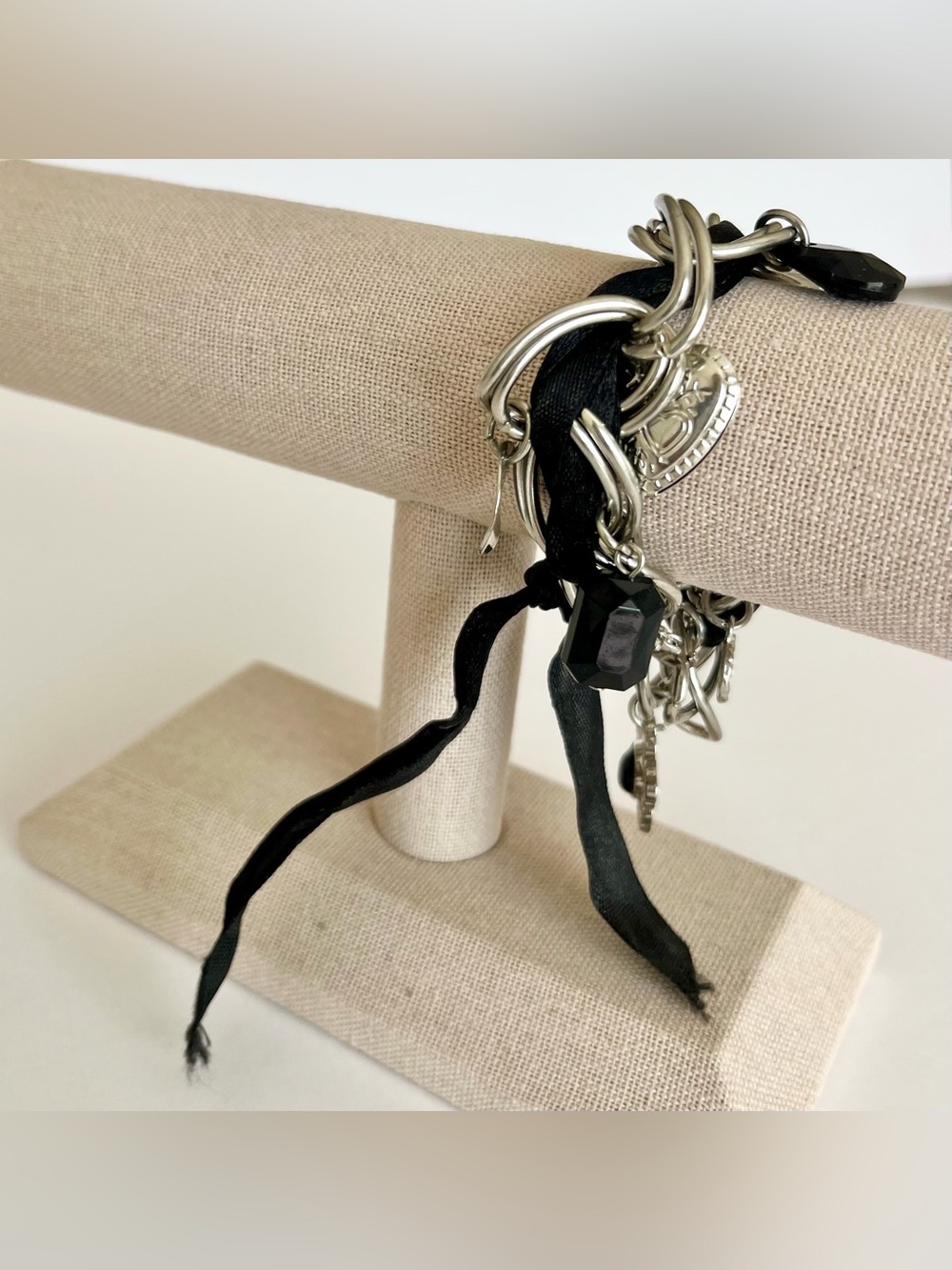 Y2K Chunky Silver Tone Black Ribbon Chain Charm Bracelet